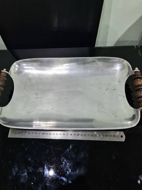 VINTAGE PEWTER SERVING TRAY WITH LOVELY WOODEN HANDLES
