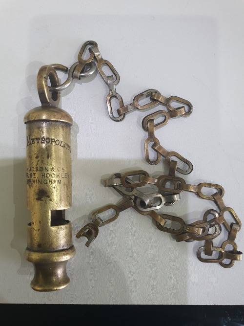 ORIGINAL SOLID BRASS...1900S..THE METROPOLITAN..J HUDSON..BRITISH POLICE WHISTLE..BIRMINGHAM