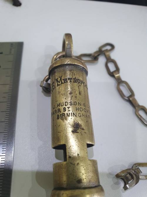 ORIGINAL SOLID BRASS...1900S..THE METROPOLITAN..J HUDSON..BRITISH POLICE WHISTLE..BIRMINGHAM