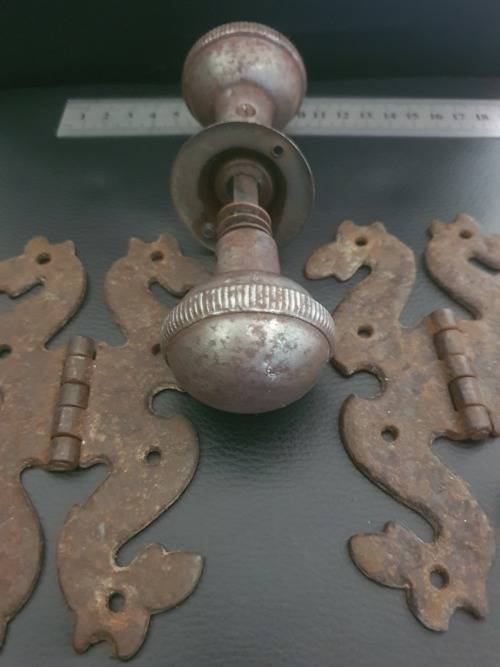 VERY OLD RUSTIC DOOR HINGE AND DOOR HANDLE