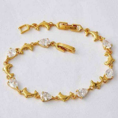 Endearing Womens Yellow Gold Filled Clear CZ Dolphin Bracelet