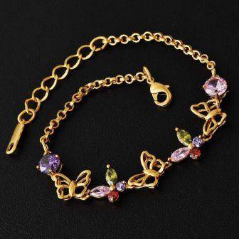 Stunning Womens Yellow Gold Filled Rainbow CZ Butterfly Flower Bracelet