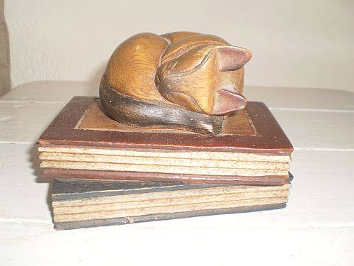 Sweet Sleeping Wooden Cat on Books