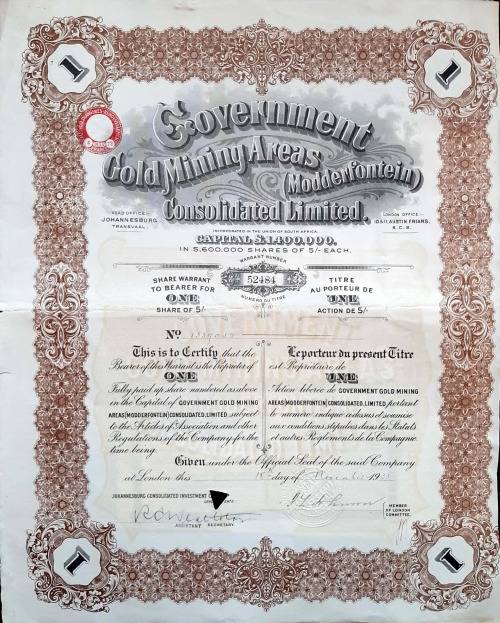 Modderfontein Gold Mining share certificate