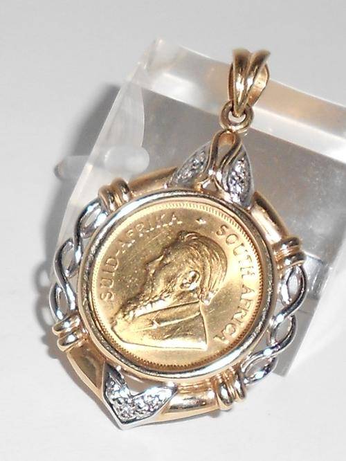 Two-tone gold Kruger coin pendant with 1 x one tenth Kruger coin and diamonds