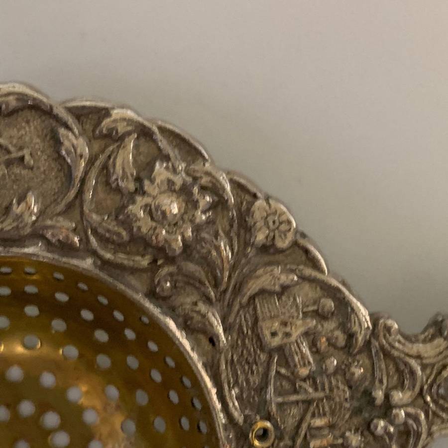 Vintage Dutch Silver Plated Tea Strainer with Ornate Canal Scene and Sailing Ship Handle c.1935