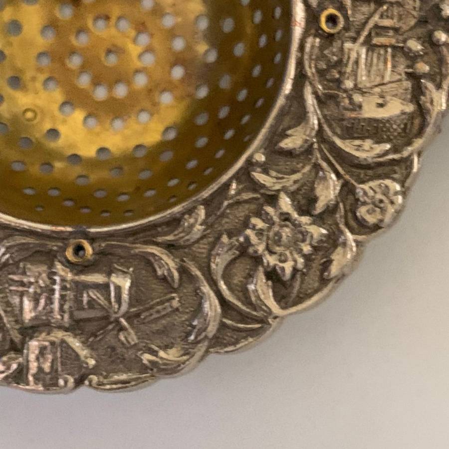Vintage Dutch Silver Plated Tea Strainer with Ornate Canal Scene and Sailing Ship Handle c.1935