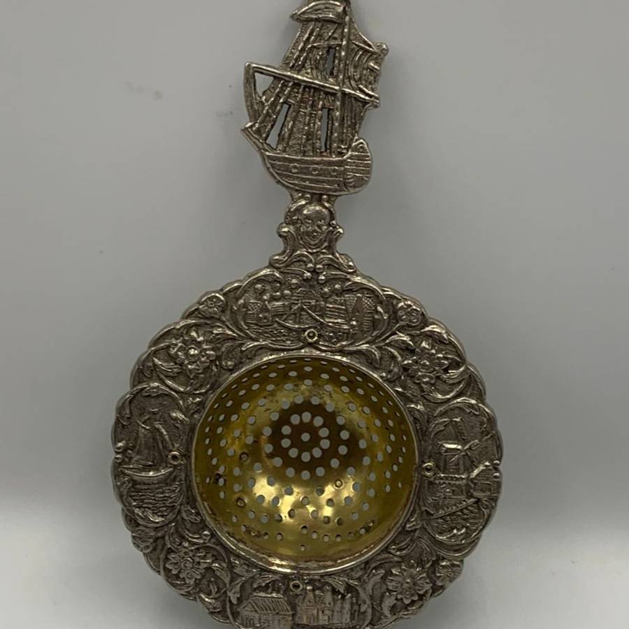 Vintage Dutch Silver Plated Tea Strainer with Ornate Canal Scene and Sailing Ship Handle c.1935