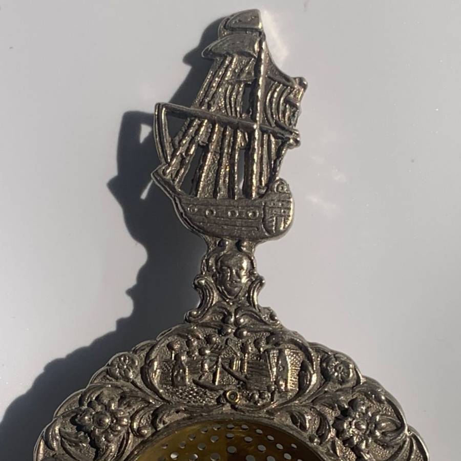 Vintage Dutch Silver Plated Tea Strainer with Ornate Canal Scene and Sailing Ship Handle c.1935