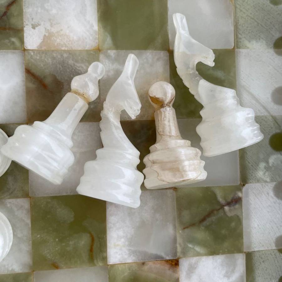 Middle Eastern Onyx Chess Set with Granite Board - Vintage Multicolored Stone Pieces- Please Read