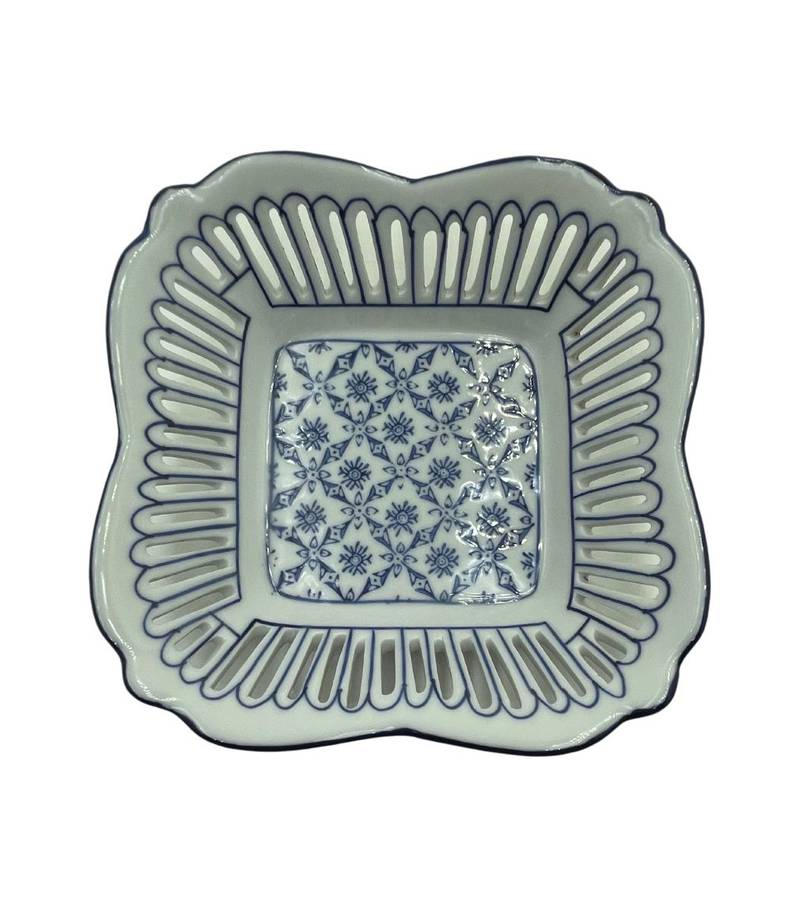 Blue and White Reticulated Ceramic Trinket Dish - Hand Decorated Flow Blue - 14.5cm