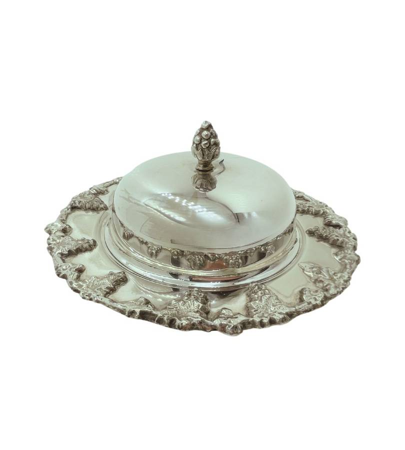 Vintage Seranco EPNS BM Mount Lidded Butter Dish - Vine Design Trim
