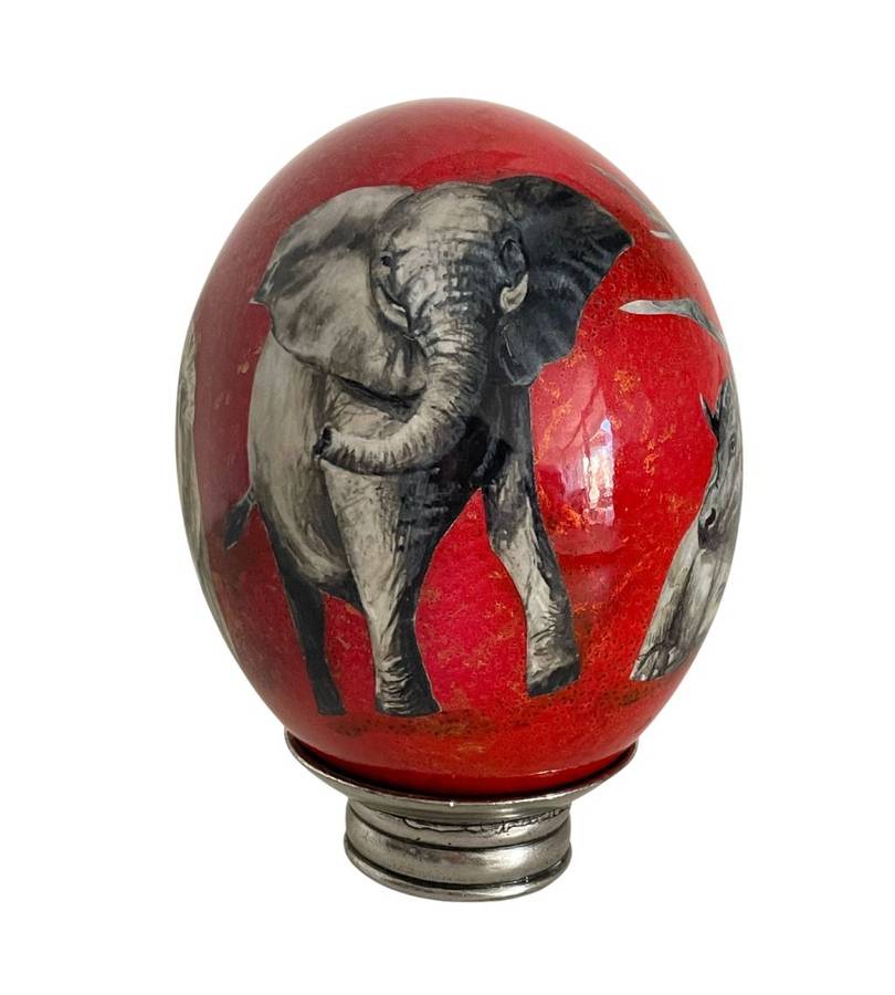 Handmade Red Decoupage Ostrich Egg with Big 5 Safari Animals - African Home Décor