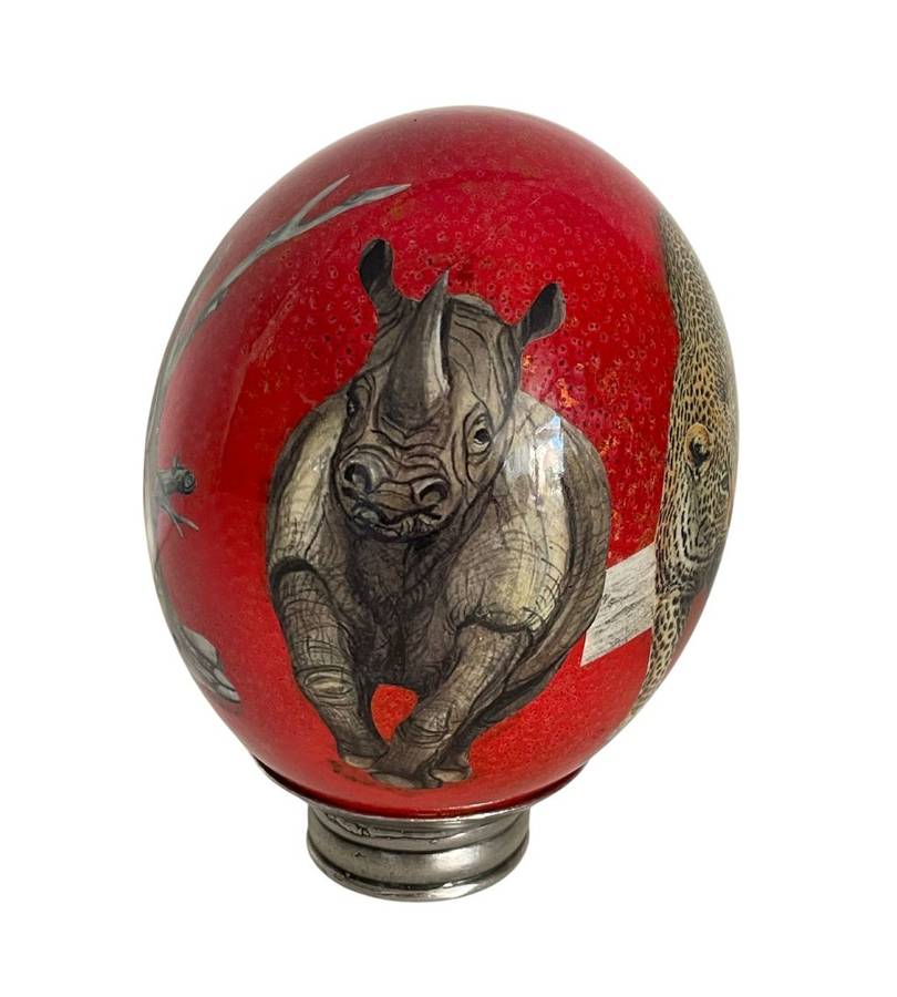 Handmade Red Decoupage Ostrich Egg with Big 5 Safari Animals - African Home Décor
