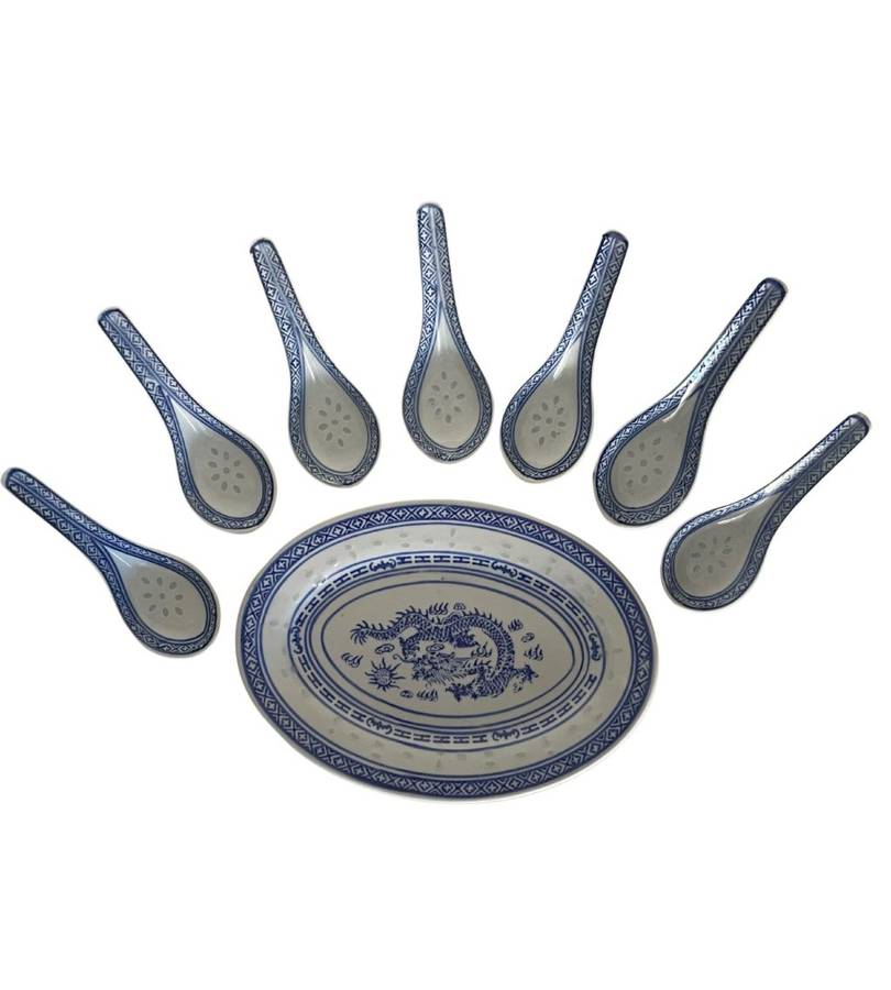 8-Piece Vintage Chinese Porcelain Set - Blue Dragon Motif Spoons & Small Oval Platter
