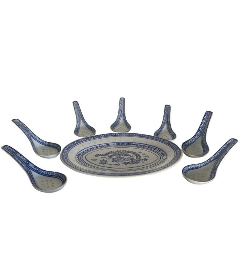 8-Piece Vintage Chinese Porcelain Set - Blue Dragon Motif Spoons & Small Oval Platter