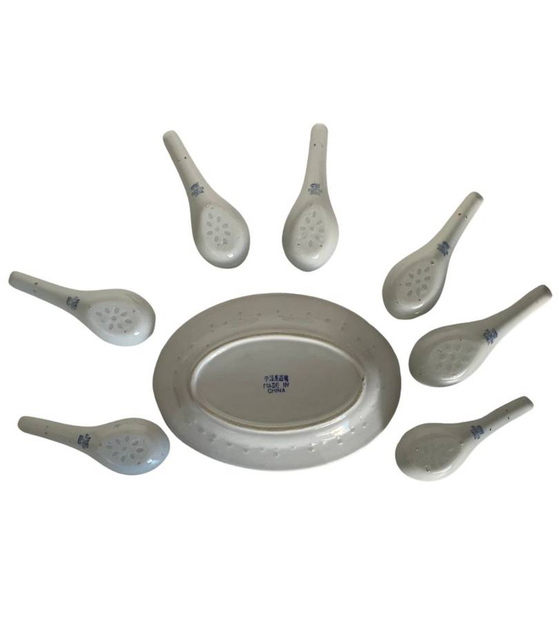 8-Piece Vintage Chinese Porcelain Set - Blue Dragon Motif Spoons & Small Oval Platter