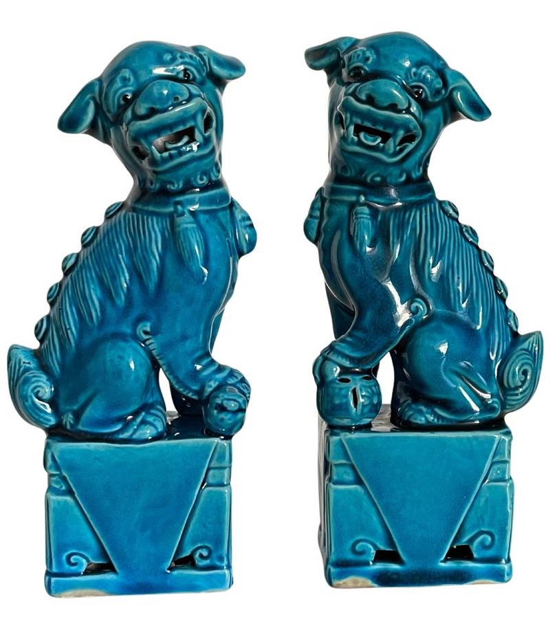 Antique Pair of Jingdezhen Ware Foo Dogs in Turquoise-Blue Glaze
