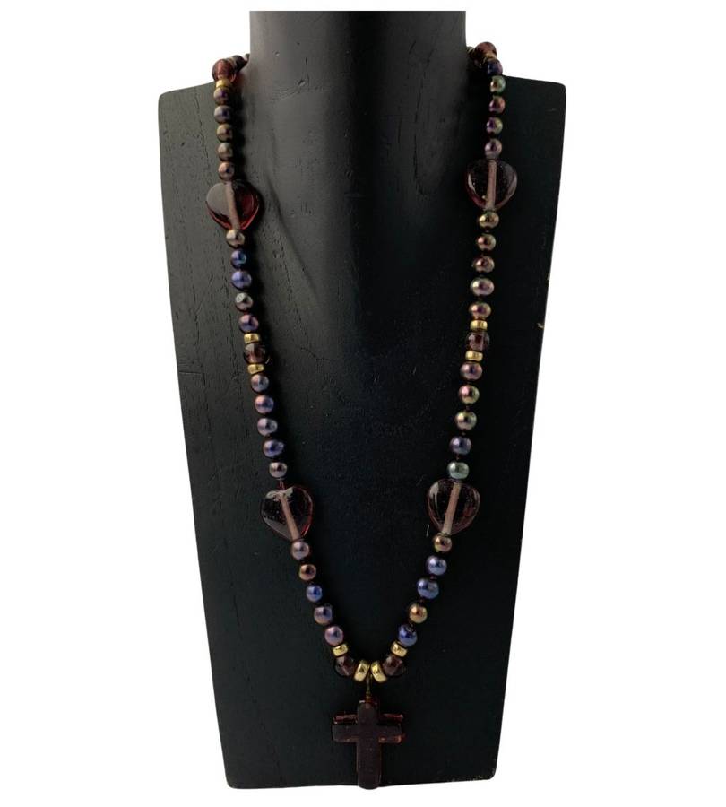 Tahitian Black Pearl Strand Necklace with Antique Amber Purple Glass Cross & 14K Gold-Filled Clasp