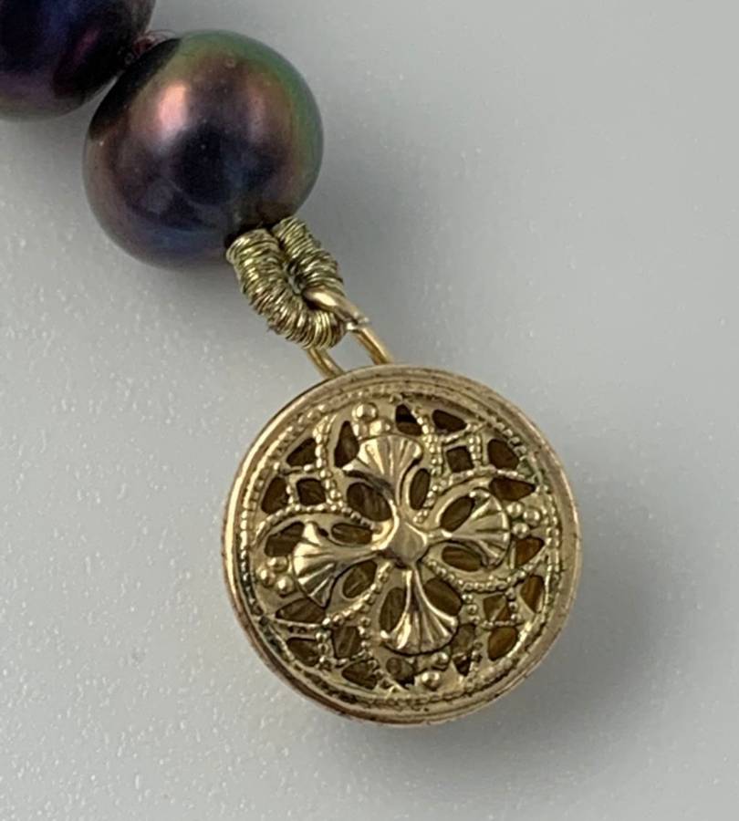 Tahitian Black Pearl Strand Necklace with Antique Amber Purple Glass Cross & 14K Gold-Filled Clasp