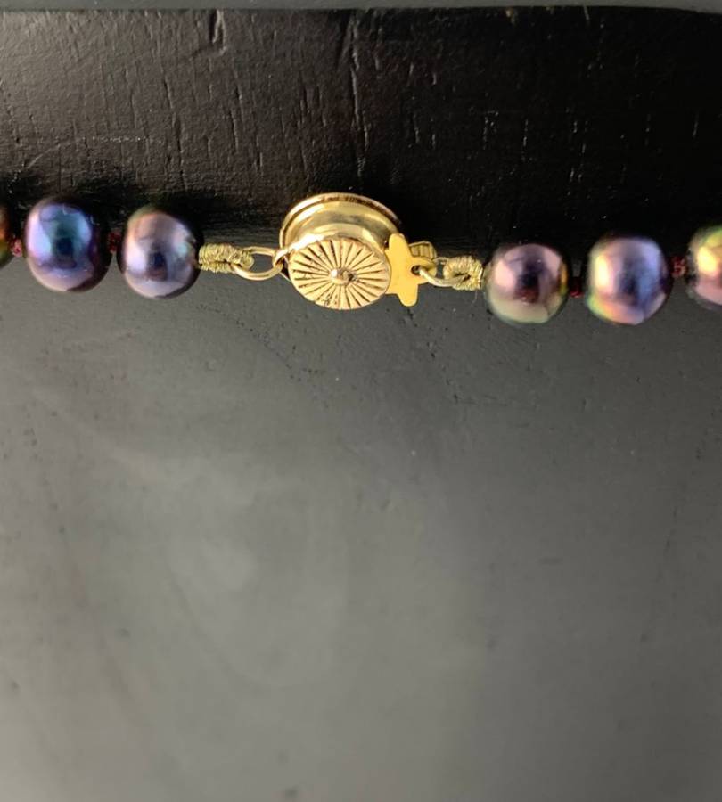 Tahitian Black Pearl Strand Necklace with Antique Amber Purple Glass Cross & 14K Gold-Filled Clasp