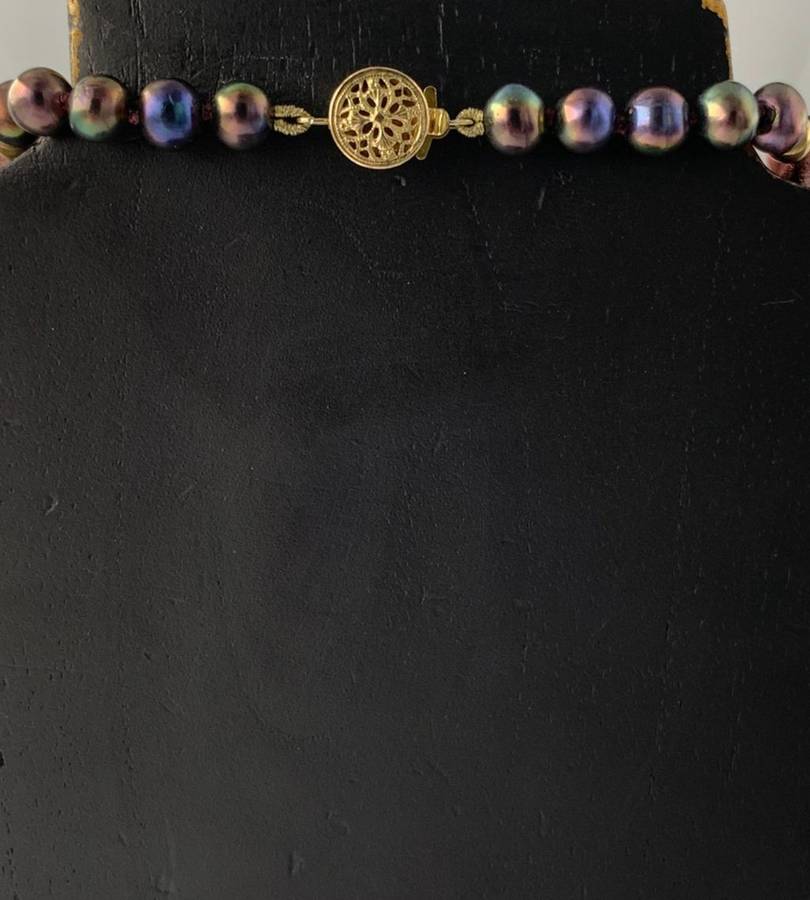 Tahitian Black Pearl Strand Necklace with Antique Amber Purple Glass Cross & 14K Gold-Filled Clasp