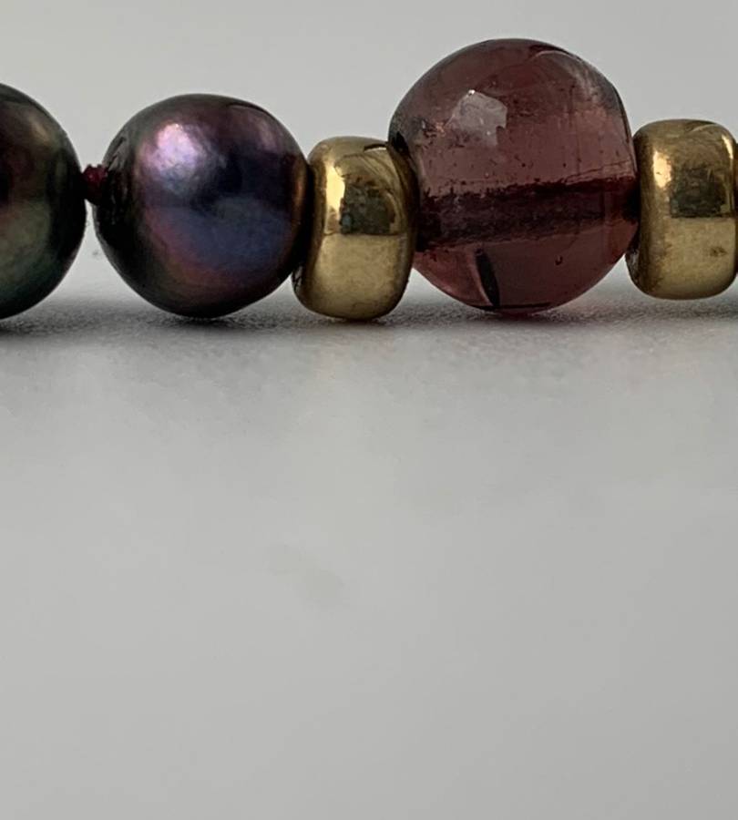 Tahitian Black Pearl Strand Necklace with Antique Amber Purple Glass Cross & 14K Gold-Filled Clasp