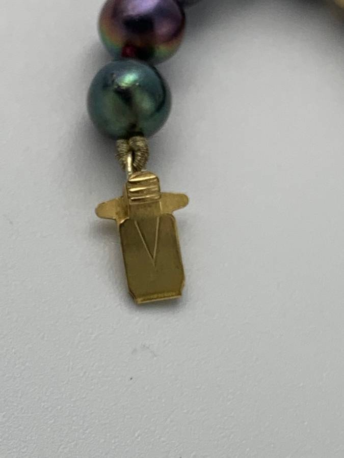 Tahitian Black Pearl Strand Necklace with Antique Amber Purple Glass Cross & 14K Gold-Filled Clasp