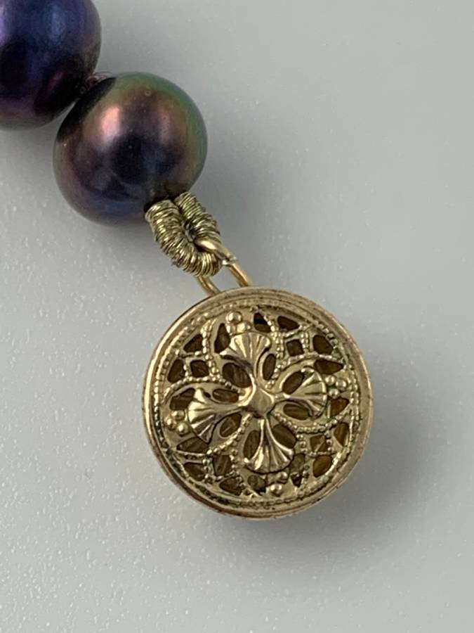 Tahitian Black Pearl Strand Necklace with Antique Amber Purple Glass Cross & 14K Gold-Filled Clasp