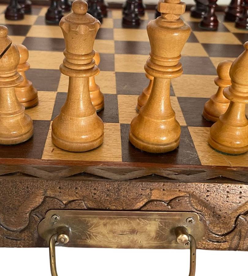 Vintage Folding Wooden Travel Chess Set with Brass Handles  Hand-Carved Detail