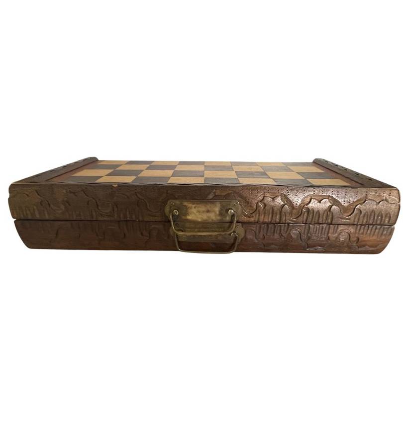 Vintage Folding Wooden Travel Chess Set with Brass Handles  Hand-Carved Detail