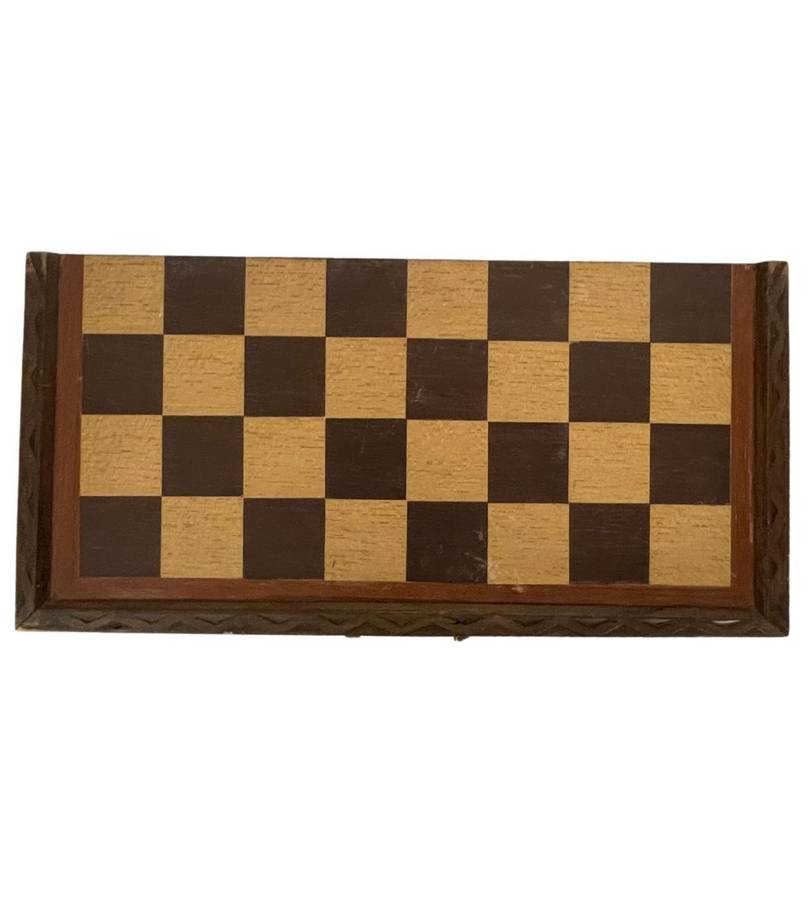 Vintage Folding Wooden Travel Chess Set with Brass Handles  Hand-Carved Detail