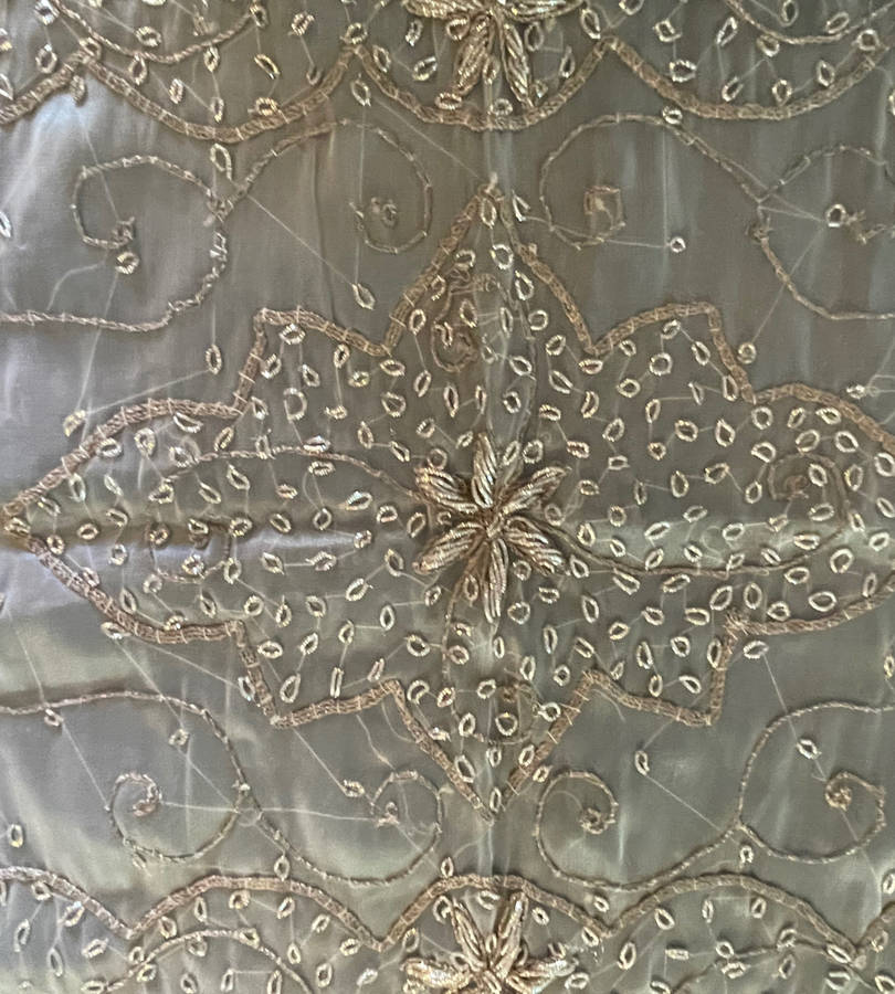Reduced! Vintage Handmade Embroidered Silk Organza Tablecloth with Beaded Silver Wire - Zardosi