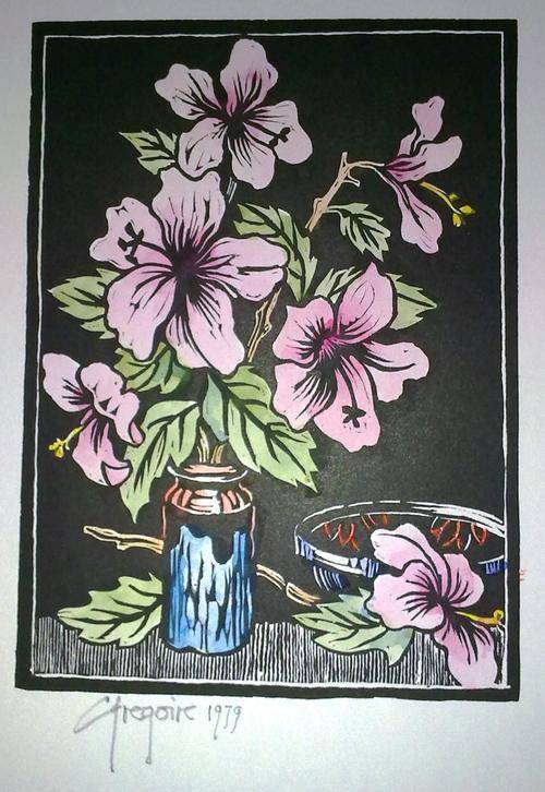 Gregoire Boonzaire Lino-cut: Hibiscus in Vase with Bowl