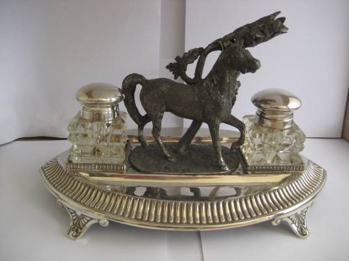 UNIQUE EQUESTRIAN INKSTAND SILVER PLATE AND SPELTER