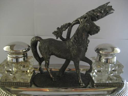 UNIQUE EQUESTRIAN INKSTAND SILVER PLATE AND SPELTER