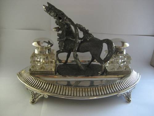 UNIQUE EQUESTRIAN INKSTAND SILVER PLATE AND SPELTER