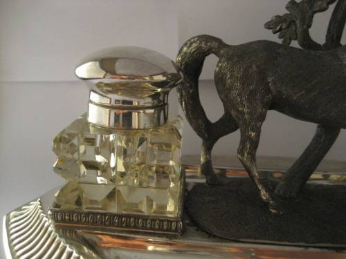 UNIQUE EQUESTRIAN INKSTAND SILVER PLATE AND SPELTER