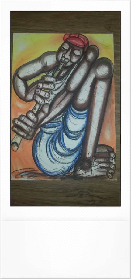 Original Selesho-MUSIC MAN WITH RED HAT PLAYING FLUTE