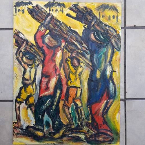 SELESHO(95% COLLECTION SOLD) " THE HARVESTERS" LARGE OIL PAINTING - 600mm(60cm) X 450mm(45cm)YEAREND