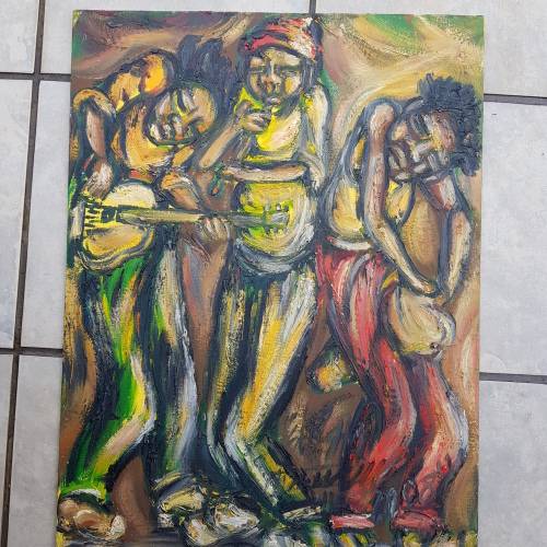 SELESHO(95% COLLECTION SOLD) "  MUSICAL TRIO" LARGE OIL PAINTING - 600mm(60cm) X 450mm(45cm)YEAREND