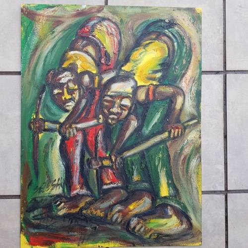 SELESHO  -" LABOUR" LARGE OIL PAINTING - 600mm(60cm) X 450mm(45cm)99% 2008 COLLECTIONSOLD