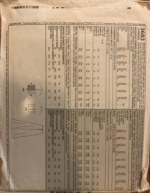 Mccalls 3683 sewing pattern, size 6-12, evening elegance beautiful lined top and skirt.