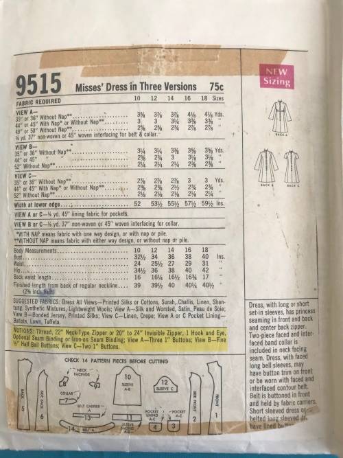 Mccalls 9515 sewing pattern, size 14, ladies dress in 3 lengths