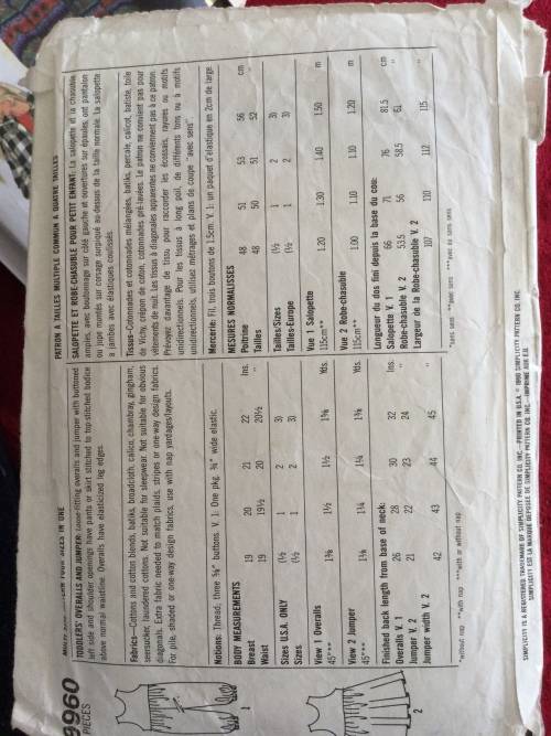 Sewing pattern Simplicity 9960, toddlers overalls and jumper, size 1/2-3