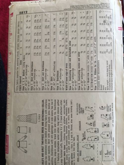 Sewing Pattern Simplicity 5812, kids ` 2 pics dress, size 8