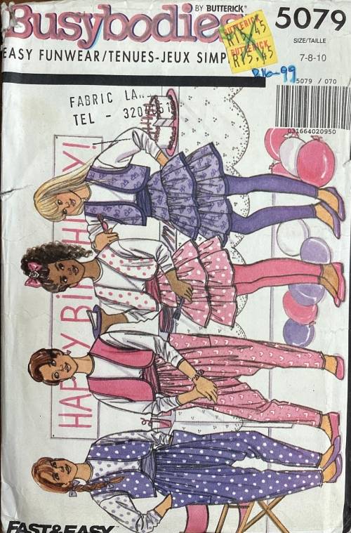 Sewing pattern Butterick 5079, girls vest, top, skirt, ham pants, leggings & sash, size 7-8-10