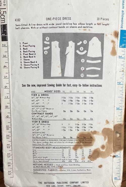 Sewing pattern Butterick 4102, ladies vintage one piece dress, size 16