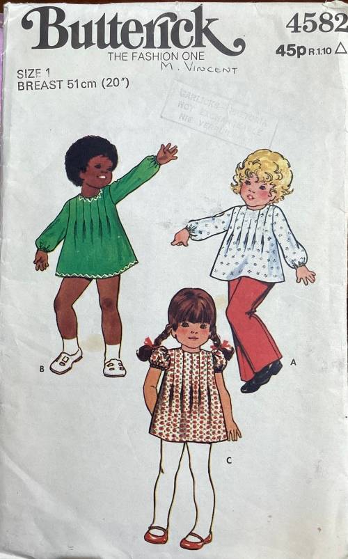 Sewing pattern Butterick 4582, toddlers vintage dress, top & pants, size 1