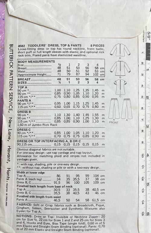 Sewing pattern Butterick 4582, toddlers vintage dress, top & pants, size 1